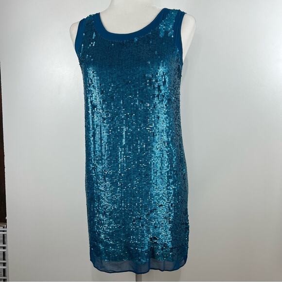 Shoshanna Womens 2 Leandra Mini Dress 100% Silk Turquoise Blue Sequin Party Sexy - Picture 11 of 11